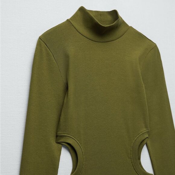 Zara NWT Cut Out Rib Midi Dress in Khaki - Picture 5 of 10
